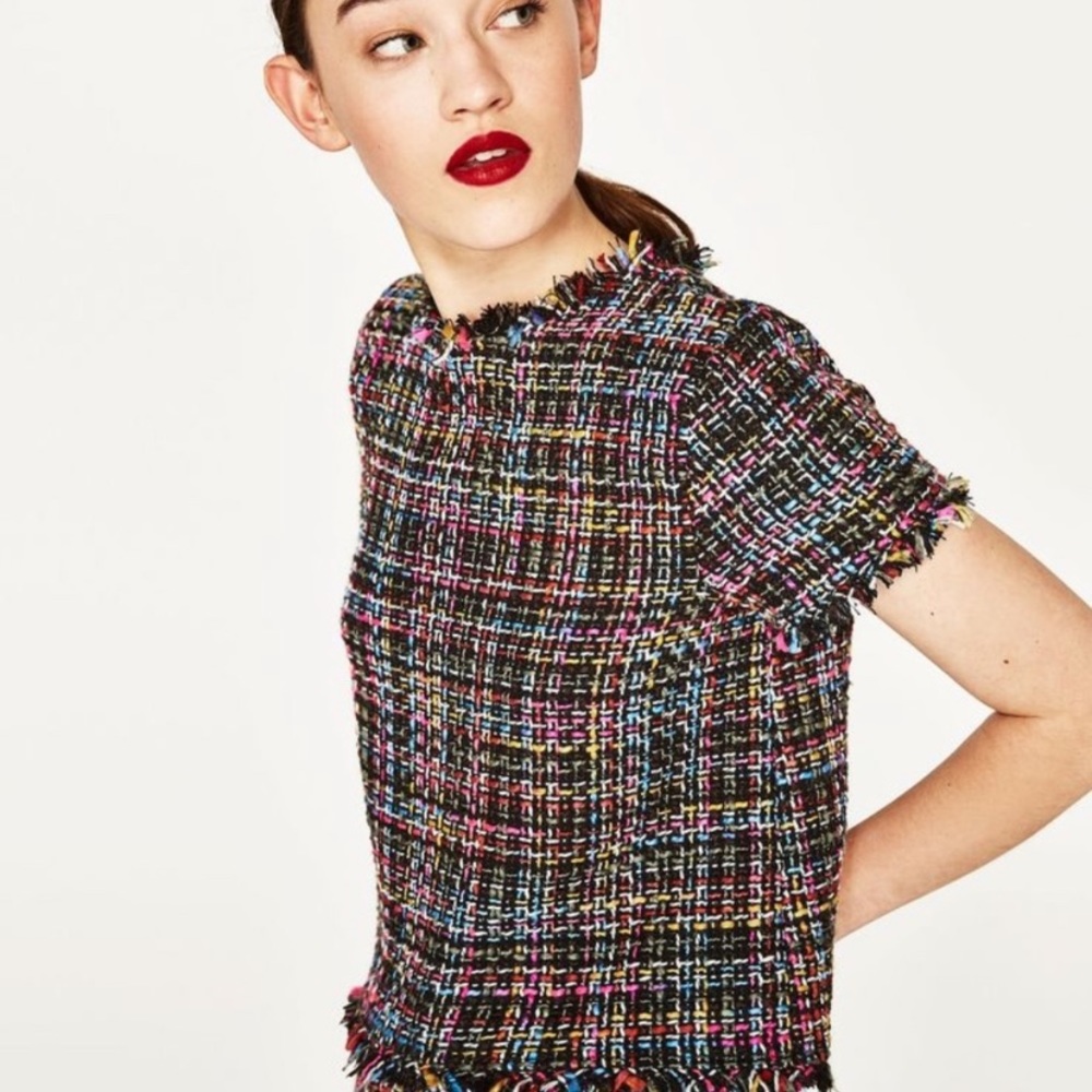 Zara Multi Colored Short Sleeve Tweed Shirt